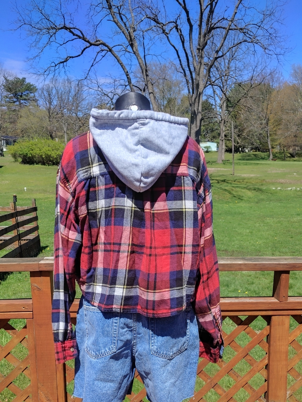 American Eagle Red White & Blue Plaid Hooded Cropped Button Up Shirt Size Large - Picture 2 of 10